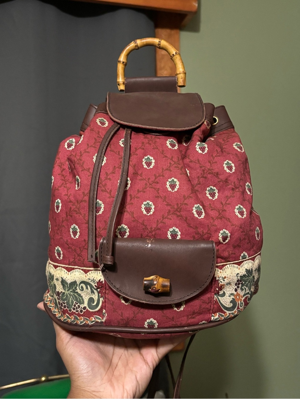 Red Floral boho Bamboo-Handle Women's Backpack